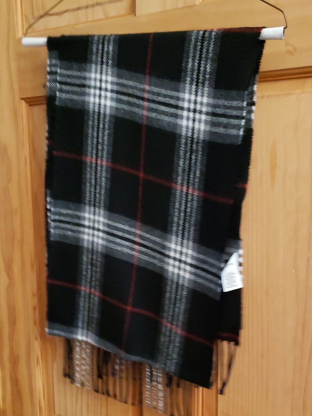 Black Plaid Women's Scarf with Grey & Red Stripes